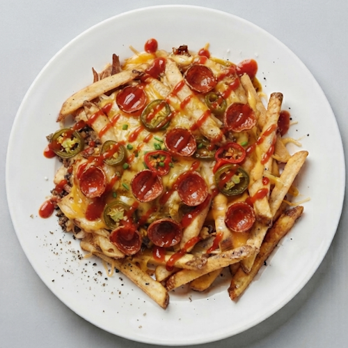 Pepperoni, Jalapeno, Cheese & Sriracha Loaded Fries 